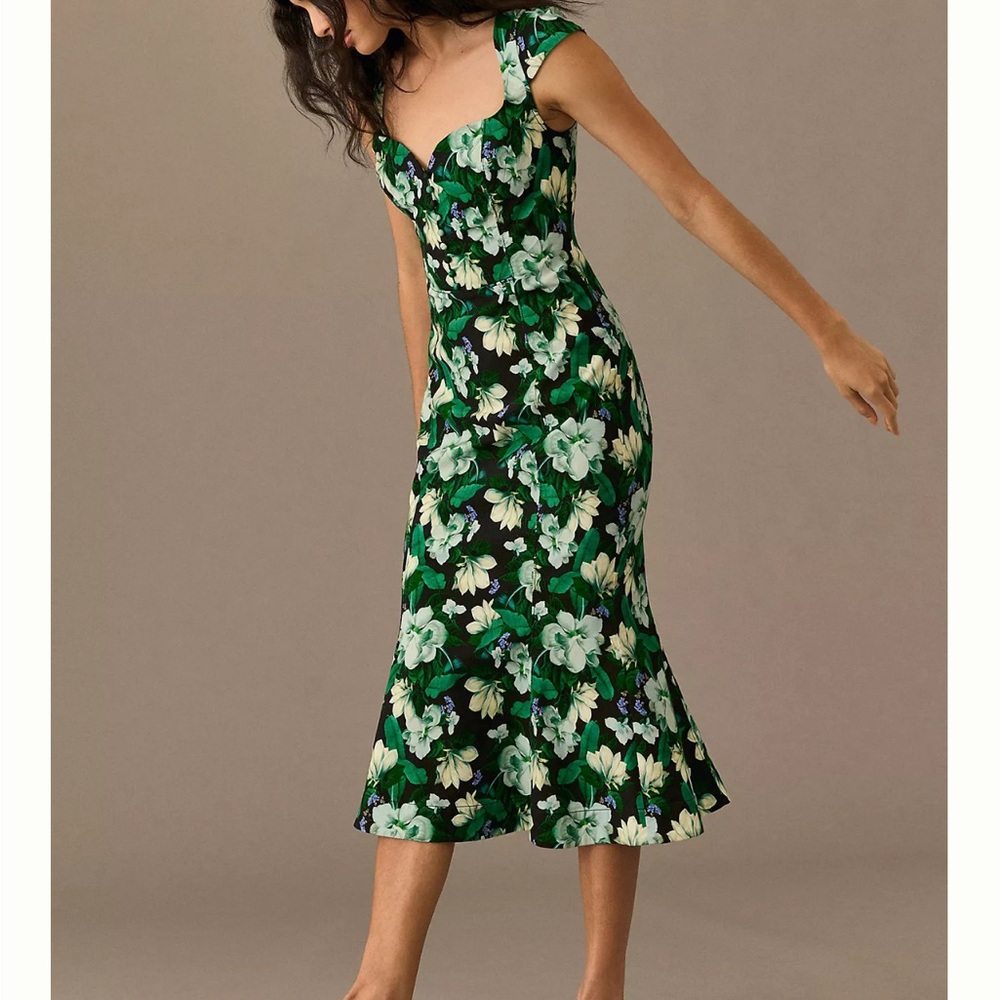 Anthropologie Green Floral The Cecily Fit & Flare Sweetheart Dress